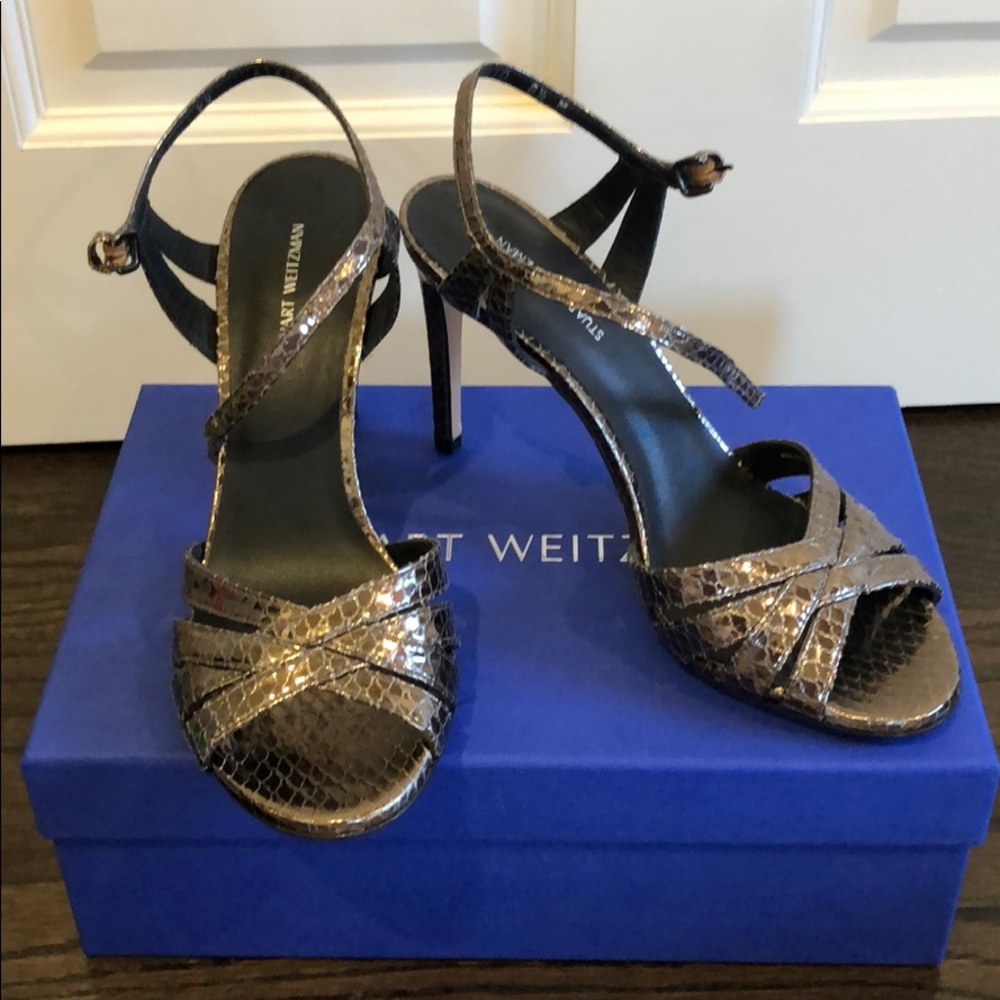 Stuart Weitzman Metallic Snakeskin Sandal Heels